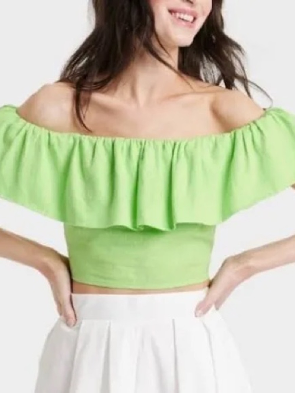 a new day Lime Green Off-Shoulder Ruffle Crop Top